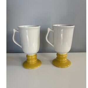 Hall Irish Coffee Mug #1272 White Mustard Yellow Vintage Footed Cup Set of 2 USA